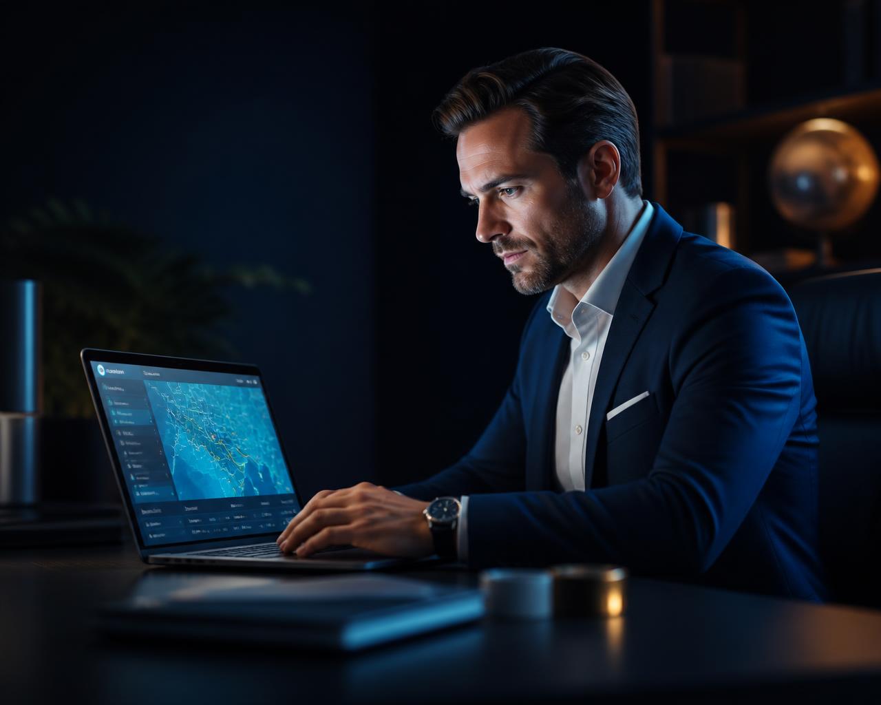 Profissional trabalhando em um notebook moderno com mapa de empresas na tela